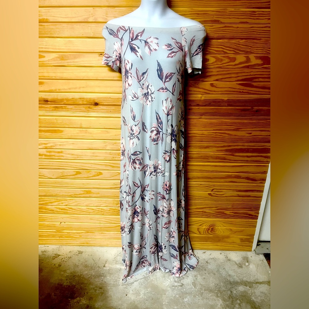 Motherhood Maternity off the shoulder light blue floral maxi full length dress